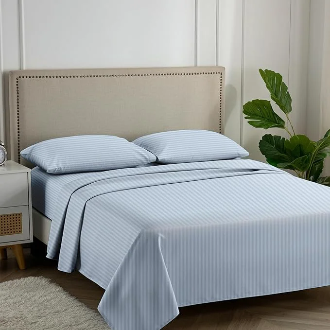 Carressa Linen Luxury Egyptian Cotton Queen Stripe Sheet Set 600 Thread Count Extra Long Staple 4 PC Set Queen Damask Sheets Soft Cooling Sateen Weave Sheets Upto 18 quot Deep Pocket – Light Blue Outstanding