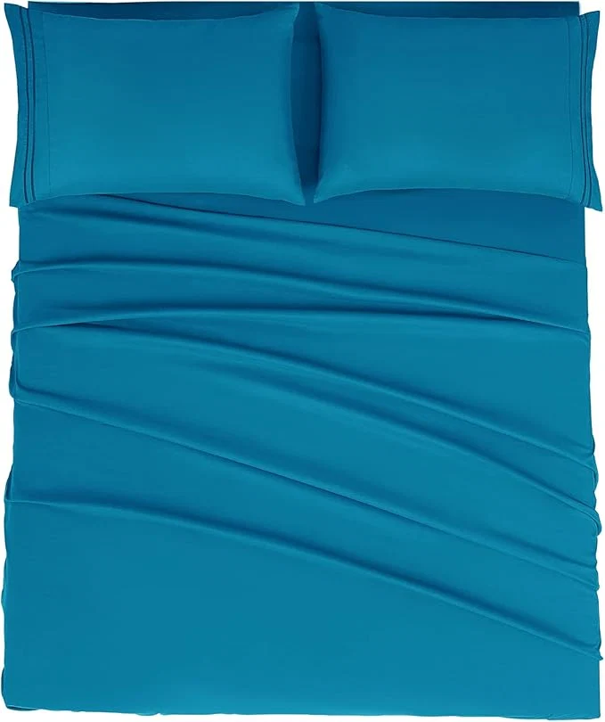 Contemporary Mejoroom Queen Size Sheet Set – Hotel Luxury 1800 Bedding Sheets amp Pillowcases – Deep Pocket Fitted Sheet Soft Breathable Wrinkle amp Fade Resistant – 4 Piece Queen Peacock Blue Enhanced