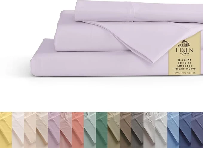 Selected Linen Home Cotton Percale Sheets Queen 16 quot Deep Pocket – 4Pc Set Crisp Cool Breathable Bed Linen Made in Green Iris Lilac Verified