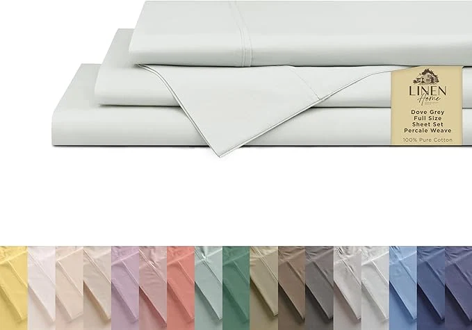 Clean Linen Home Cotton Percale Sheets Full Size Dove Grey Deep Pocket 4 Pieces Set – 1 Flat 1 Deep Pocket Fitted Sheet and 2 Pillowcases Crisp Cool and Strong Bed Linen Environmentally Friendly