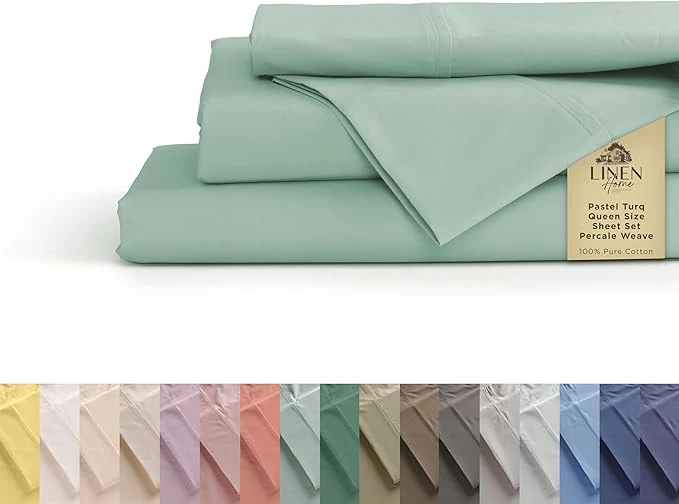 Detailed Linen Home Cotton Percale Sheets Queen Size Pastel Turk Deep Pocket 4 Pieces Set – 1 Flat 1 Deep Pocket Fitted Sheet and 2 Pillowcases Crisp Cool and Strong Bed Linen Fine Crafted