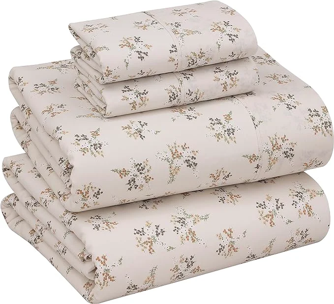 Premium RUVANTI Cotton Sheets – Queen Size Percale Bedding Cooling amp Breathable Floral Design Durable with a Crisp Soft amp Comfortable Feel 16 quot Deep Pocket 4-Piece Set Twin Spring Enhanced