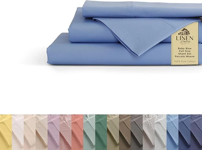 Trusted Linen Home Cotton Percale Sheets Full Size Baby Blue Deep Pocket 4 Pieces Set – 1 Flat 1 Deep Pocket Fitted Sheet and 2 Pillowcases Crisp Cool and Strong Bed Linen Responsible