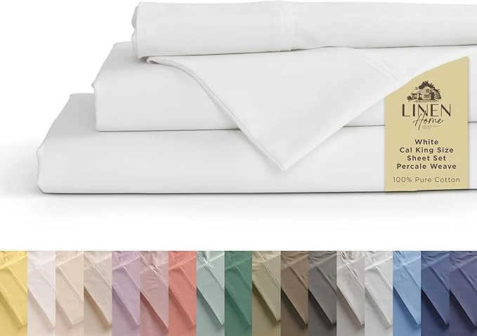Detailed Linen Home Cotton Percale Sheets California King Size White Deep Pocket 4 Pieces Set – 1 Flat 1 Deep Pocket Fitted Sheet and 2 Pillowcases Crisp Cool and Strong Bed Linen Fast