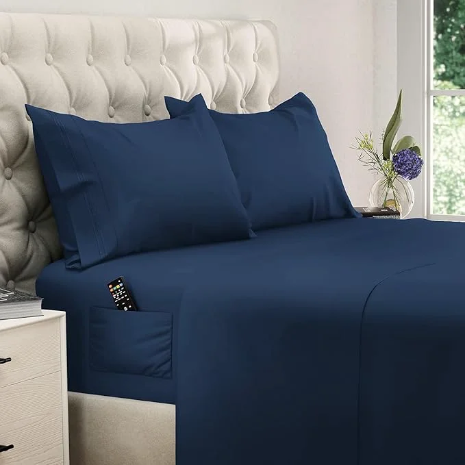 Certified DREAMCARE Twin XL Sheet Sets – 4pc Cooling Sheets XL Twin – Twin XL Sheets up to 21 Deep Pocket – Hotel Luxury Extra Long Brushed Microfiber with Side Pocket – N. Blue Genuine