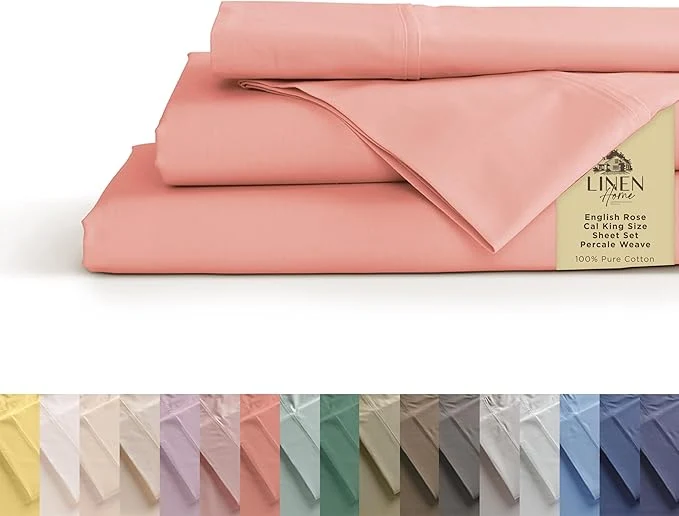 Casual Linen Home Cotton Percale Sheets California King Size English Rose Deep Pocket 4 Pieces Set – 1 Flat 1 Deep Pocket Fitted Sheet and 2 Pillowcases Crisp Cool and Strong Bed Linen Certified