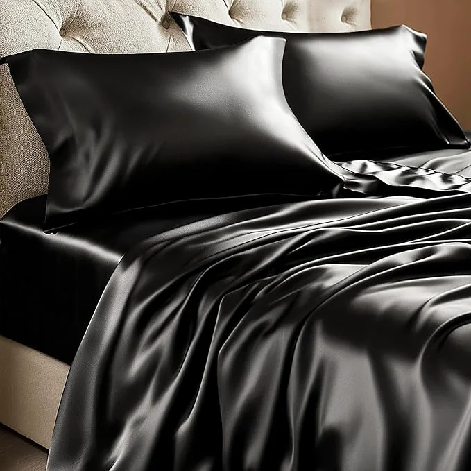 Solid BEDELITE Satin Sheets Twin Size Bed Set Luxury Soft Black Silky Sheets for Hair and Skin Similar to Silk Bed Sheets Set 3 Pieces with 1 Deep Pocket Fitted Sheet 1 Flat Sheet and 1 Pillowcase Original