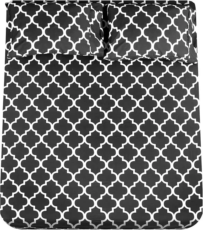Smooth Mejoroom Full Bed Sheet Set – Super Soft Brushed Microfiber 1800 Thread Count Sheets with 16inches Deep Pocket – Wrinkle – 4 Piece Full Black Quatrefoil with White Pattern Enhanced