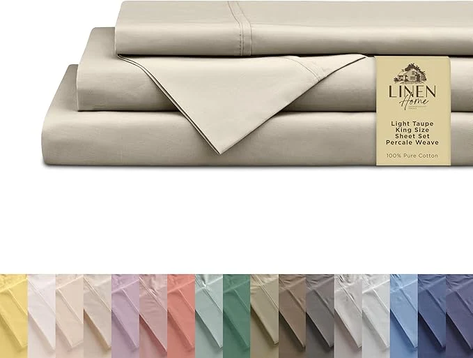 Pure Linen Home Cotton Percale Sheets King Size Light Taupe Deep Pocket 4 Pieces Set – 1 Flat 1 Deep Pocket Fitted Sheet and 2 Pillowcases Crisp Cool and Strong Bed Linen Specialty