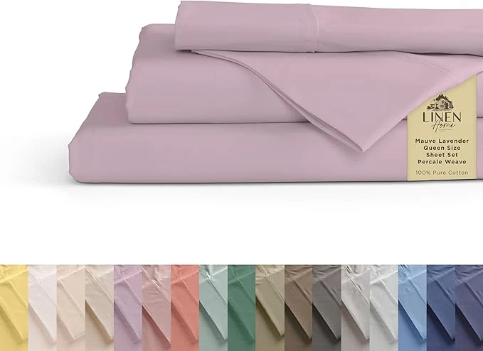 Certified Linen Home Cotton Percale Sheets Queen Size Mauve Lavender Deep Pocket 4 Pieces Set – 1 Flat 1 Deep Pocket Fitted Sheet and 2 Pillowcases Crisp Cool and Strong Bed Linen Detailed