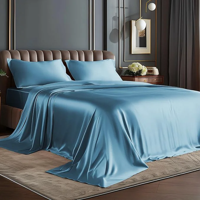 Convenient BEDELITE Satin Sheets Twin Size Bed Set Luxury Soft Airy Blue Silky Sheets for Hair and Skin Similar to Silk Bed Sheets Set 3 Pieces with 1 Deep Pocket Fitted Sheet 1 Flat Sheet and 1 Pillowcase Powerful