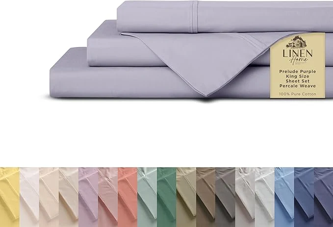Fine Linen Home Cotton Percale Sheets King Size Prelude Purple Deep Pocket 4 Pieces Set – 1 Flat 1 Deep Pocket Fitted Sheet and 2 Pillowcases Crisp Cool and Strong Bed Linen Comfortable
