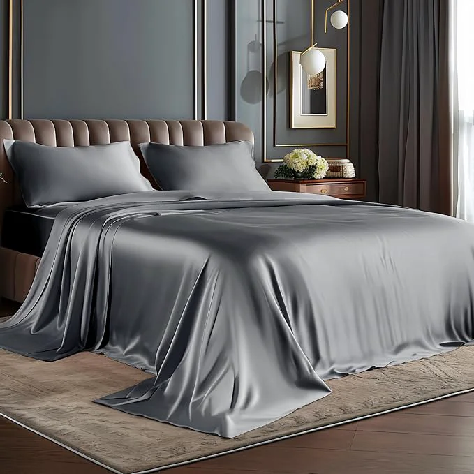 Convenient BEDELITE Satin Sheets Twin XL Size Bed Set Luxury Soft Dark Grey Silky Sheet for Hair and Skin Similar to Silk Bed Sheets Set 3 Pieces with 1 Deep Pocket Fitted Sheet 1 Flat Sheet and 1 Pillowcase Original