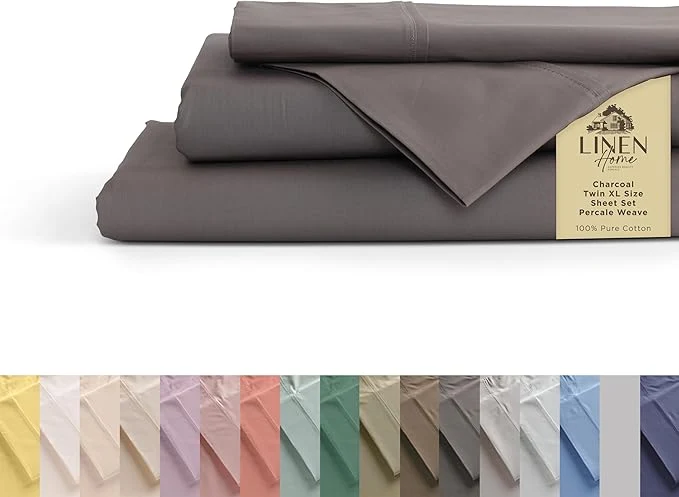 Stylish Linen Home Cotton Percale Sheets California King Size Charcoal Deep Pocket 4 Pieces Set – 1 Flat 1 Deep Pocket Fitted Sheet and 2 Pillowcases Crisp Cool and Strong Bed Linen Unique