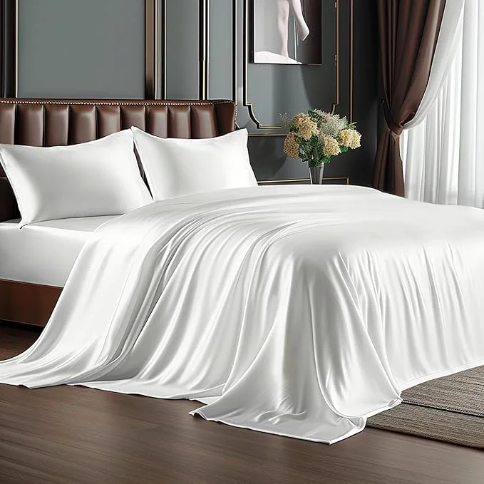 Fine Crafted BEDELITE Satin Sheets Twin Size Bed Set Luxury Soft White Silky Sheets for Hair and Skin Similar to Silk Bed Sheets Set 3 Pieces with 1 Deep Pocket Fitted Sheet 1 Flat Sheet and 1 Pillowcase Authentic