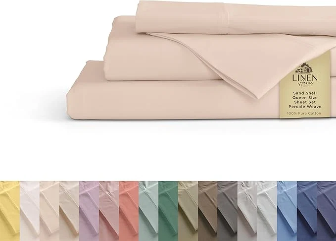 Certified Linen Home Cotton Percale Sheets King Size Sand Shell Deep Pocket 4 Pieces Set – 1 Flat 1 Deep Pocket Fitted Sheet and 2 Pillowcases Crisp Cool and Strong Bed Linen High-End