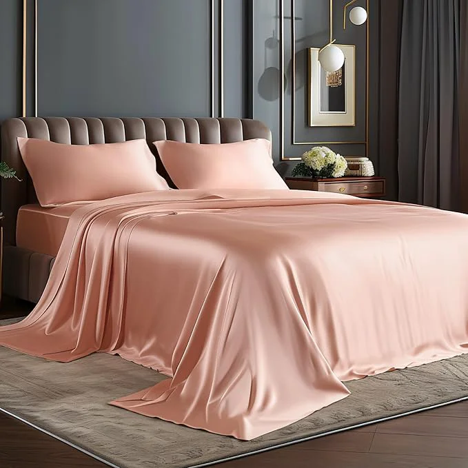 BEDELITE Satin Sheets Queen Size Bed Set Luxury Soft Coral Pink Silky Sheets for Hair and Skin Similar to Silk Bed Sheet Set 4 Pieces with 1 Deep Pocket Fitted Sheet 1 Flat Sheet and 2 Pillowcases Efficient