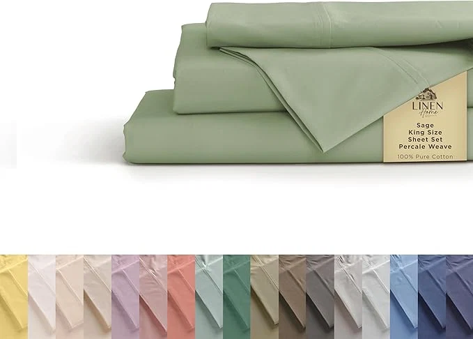 Verified Linen Home Cotton Percale Sheets King Size Sage Deep Pocket 4 Pieces Set – 1 Flat 1 Deep Pocket Fitted Sheet and 2 Pillowcases Crisp Cool and Strong Bed Linen Fast