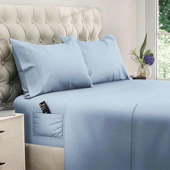 World-Class DREAMCARE Queen Size Sheets – Cooling Bed Sheets – 4pcs Set – up to 15 quot Deep Pocket Queen Sheet Set – Sheets Queen Size Bed – Soft amp Long Lasting Fine Brushed Polyester with Side Pocket – Lblue Stylish