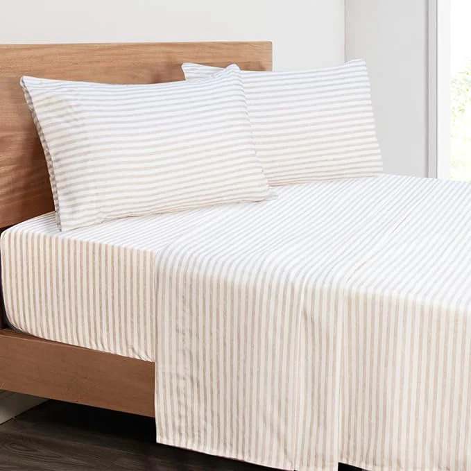 Contemporary Mejoroom Striped Full Size Sheets – 1800TC Luxury Full Sheets with 16 Inch Deep Pocket – Premium Bedding Collection – Extra Soft Breathable Wrinkle Fade amp Stain Resistant – 4 Piece Beige Stripe Casual