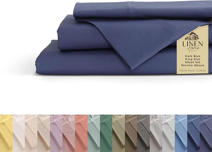Convenient Linen Home Cotton Percale Sheets King Size Dark Blue Deep Pocket 4 Pieces Set – 1 Flat 1 Deep Pocket Fitted Sheet and 2 Pillowcases Crisp Cool and Strong Bed Linen Soft