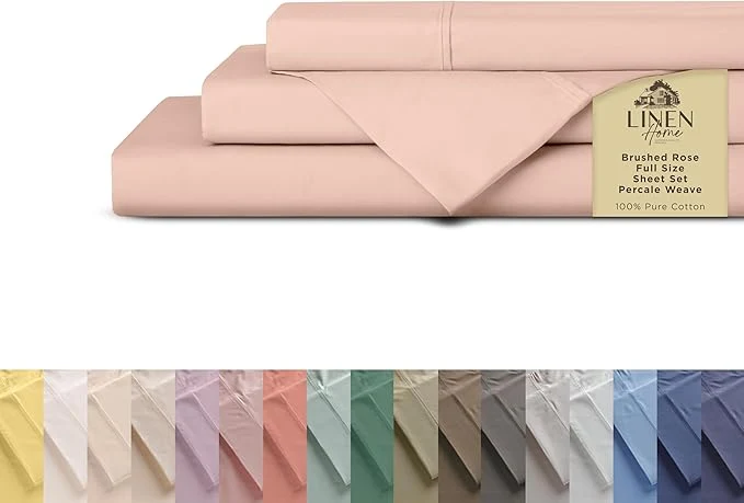 Durable Linen Home Cotton Percale Sheets Full Size Brushed Rose Deep Pocket 4 Pieces Set – 1 Flat 1 Deep Pocket Fitted Sheet and 2 Pillowcases Crisp Cool and Strong Bed Linen Environmentally Friendly