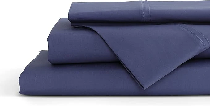 Fashionable Linen Home Cotton Percale Sheet Set Twin Size Dark Blue Deep Pocket 4 Pieces Set – 1 Flat 1 Deep Pocket Fitted Sheet and 2 Pillowcases Crisp Cool and Strong Bed Linen Durable