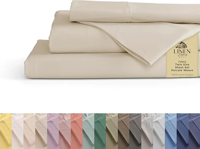 Verified Linen Home Cotton Percale Sheets Twin Size Ivory Deep Pocket 3 Pieces Set – 1 Flat 1 Deep Pocket Fitted Sheet and 1 Pillowcase Crisp Cool and Strong Bed Linen Safe