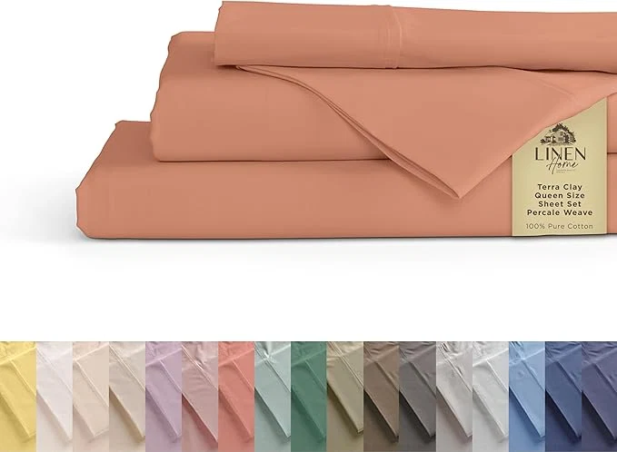 Detailed Linen Home Cotton Percale Sheets Queen Size Tera Clay Deep Pocket 4 Pieces Set – 1 Flat 1 Deep Pocket Fitted Sheet and 2 Pillowcases Crisp Cool and Strong Bed Linen Smart