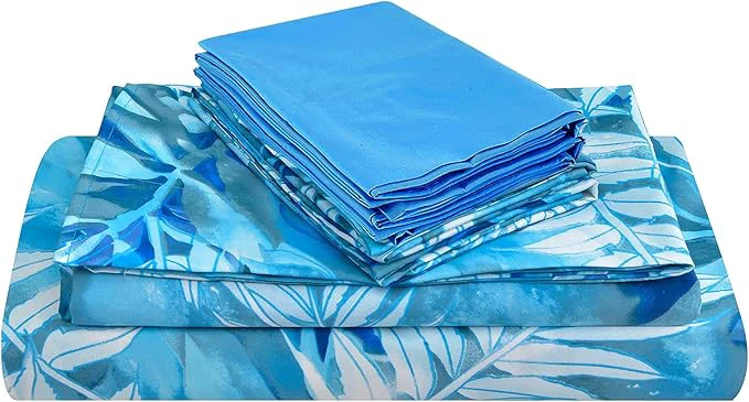 Artisan JSD Blue Tropical Leaves Print Sheet Set King Size 6 Piece Soft Pattern Microfiber Bed Sheets Extra Deep Pocket Lightweight