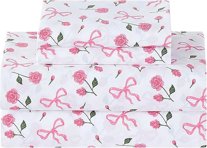 Stylish Softan Pink Floral King Bed Sheets Cozy Microfiber Flower Printed Sheets with 15 quot Deep Pocket Fitted Sheet amp Non-Slip Straps Patterned Pink Rose – Bow Sheets amp Pillowcase Set Premium Material