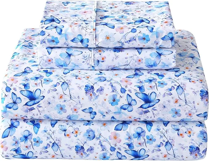 Excellent Softan Queen Floral Sheets Microfiber Blue Flower Printed Fitted Sheets with Non-Slip Corner Straps and 15 quot Deep Pocket Butterfly Patterned Cozy Bed Sheets amp Pillowcase Sets Contemporary