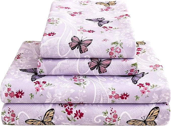 Dependable Softan Floral King Bed Sheets Purple Paisley Flower Printed Sheet Set – Brushed Microfiber King Fitted Sheet with 15 quot Deep Pocket and Corner Straps Butterfly Patterned Sheet amp Pillowcase Sets Exclusive