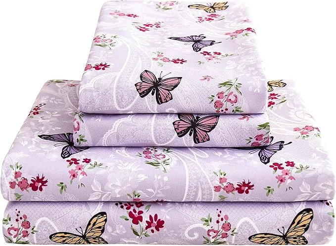 Verified Paisley Floral Bed Sheets Queen Set Purple Flower Printed Sheets for Queen Size Bed Microfiber Fitted Sheet with 15 quot Deep Pocket and Corner Straps Butterfly Patterned Sheet amp Pillowcase Sets Green