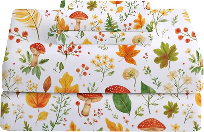 Durable Softan Orange Floral Full Size Sheet Set Printed Microfiber Fitted Sheet with 15 quot Deep Pockets amp Non-Slip Straps Maple Leaves amp Mushroom Patterned Double Bedding Sheets amp Pillowcase Set Natural