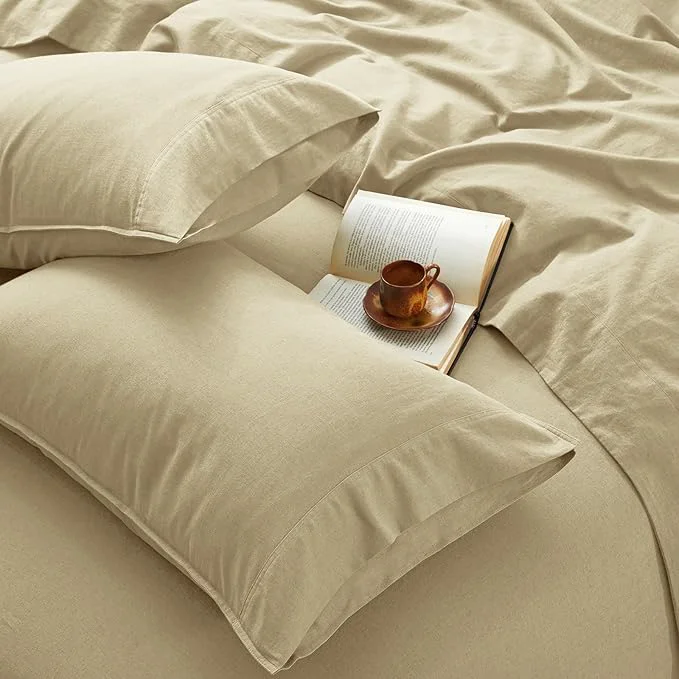 Trendy 4Pcs Organic Linen Sheets Full Size French Linen from Normandy Breathable Linen Yellow Full Sheet Set with 16 Inch Deep Pocket 1 Flat Sheet 1 Fitted Sheet 2 Pillowcases Exclusive