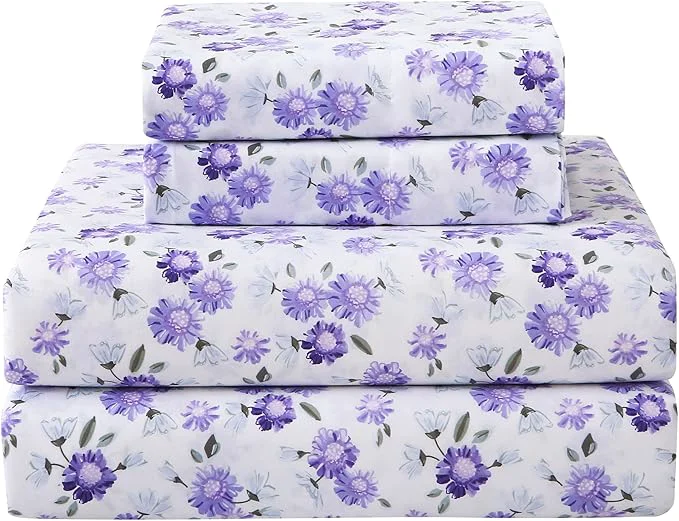 Breathable Softan Puple Floral Twin Sheet Set 3-Piece Microfiber Printed Fitted Sheet with 15 quot Deep Pockets amp Non-Slip Straps White Flower Patterned Single Bedding Sheets amp Pillowcase Set Original