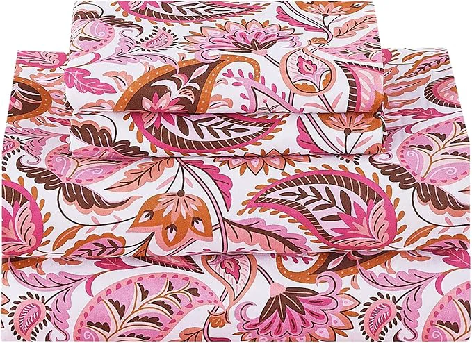 User-Friendly Softan Pink Paisley Floral Full Sheet Set Cozy Boho Microfiber Printed Fitted Bed Sheet with 15 quot Deep Pockets amp Non-Slip Straps Girls Patterned Double Sheets amp Pillowcase Set Sustainable