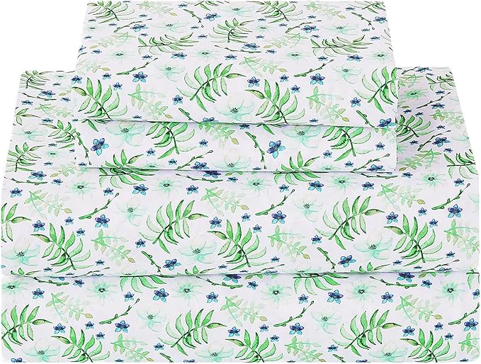 Softan Green Floral Twin Sheet Set 3-Piece Cozy Botanical Microfiber Printed Fitted Bed Sheet with 15 quot Deep Pockets amp Non-Slip Straps Fresh Greenery Blooms Patterned Sheets amp Pillowcase Set Selected
