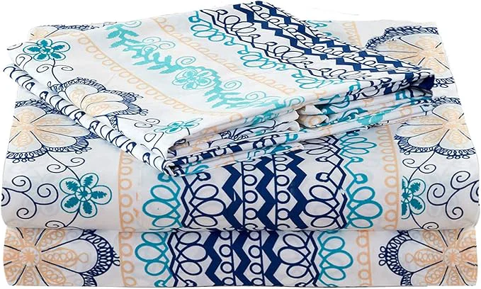 Dependable JSD Blue Boho Printed Sheet Set Queen Size 4 Piece Soft Floral Microfiber Sheets Extra Deep Pocket Fine