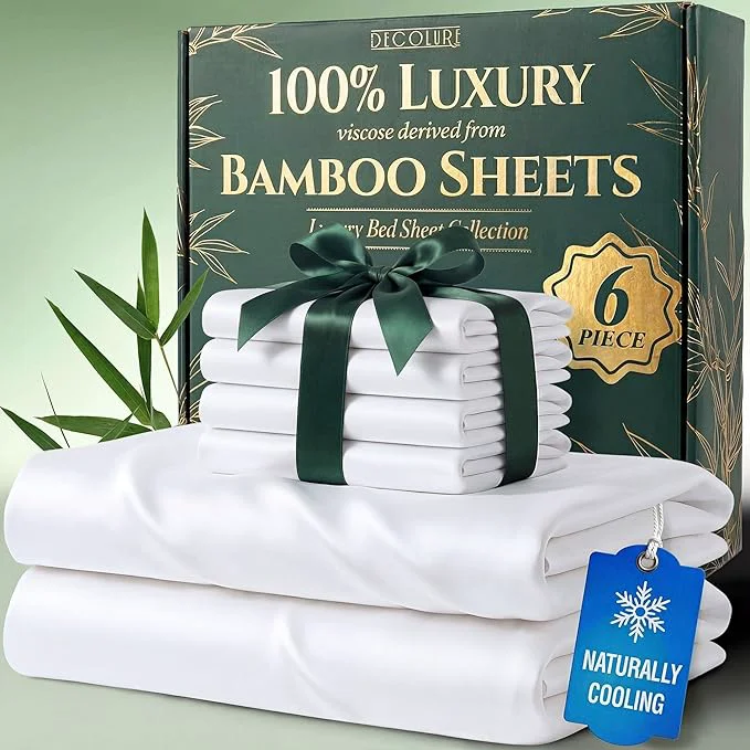 Certified DECOLURE Viscose Derived from Bamboo Sheets Full Size – Luxury 6 Pc Naturally Cooling Sheets Ultra Soft Bed Set – Deep 17 quot Pockets Durable Double Stitching Oeko Tex Standard White Official