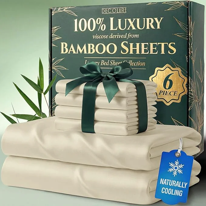 Easy-to-Use DECOLURE Viscose Derived from Bamboo Sheets Queen Size – Luxury 6 Pc Naturally Cooling Sheets Ultra Soft Bed Set – Deep 17 quot Pockets Durable Double Stitching Oeko Tex Standard Creme High-Quality