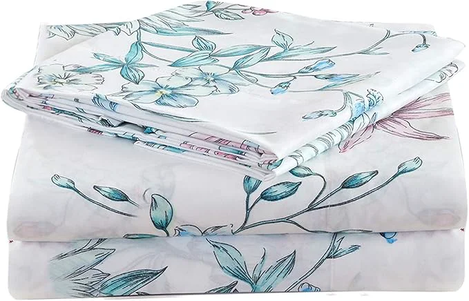 Prestigious JSD White Blue Floral Printed Sheet Set Queen Size 4 Piece Botanical Microfiber Sheets Extra Deep Pocket Crafted