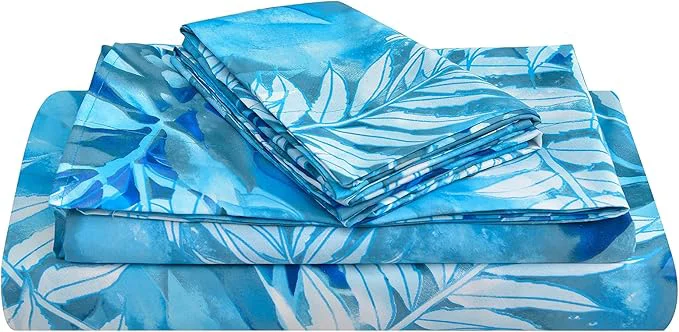 Relaxed JSD Teal Blue Tropical Leaves Sheet Set Cal King 4 Piece Printed Microfiber Sheets Extra Deep Pocket Wrinkle Expertly Made