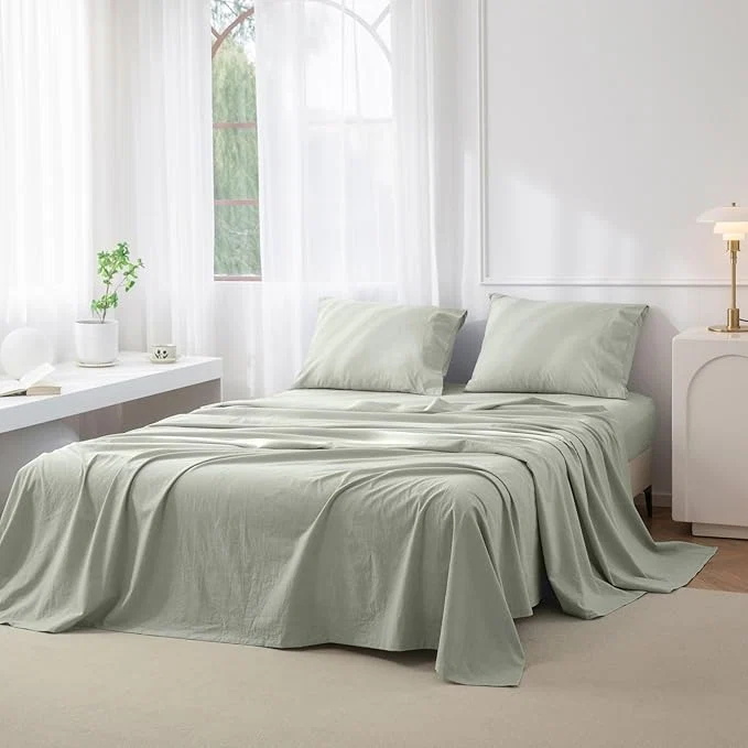 Eco-Friendly JIYUAN Full Size Sheet Set 4-Piece – Washed Cotton Linen-Like Soft amp Breathable Includes Deep Pocket Fitted amp Flat Sheet with 2 Pillowcases Hotel Quality Heathered Sage Green Solid