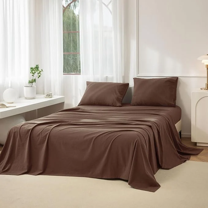 Fast JIYUAN Twin Size Sheet Set 3-Piece – Washed Cotton Linen-Like Soft amp Breathable Includes Deep Pocket Fitted amp Flat Sheet with 1 Pillowcases Hotel Quality Solid Chocolate Brown Long-Lasting