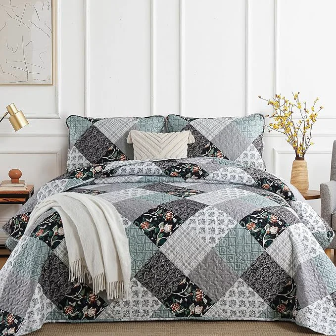 Versatile Xruibed Floral Plaid Patchwork Quilt Set King Size 3 Pieces Blue Gray Bedspread Premium