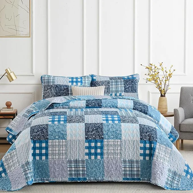 Superior Xruibed Blue Quilt Set King Size 3 Pieces Plaid Floral Boho Bedspread Coverlet Organic