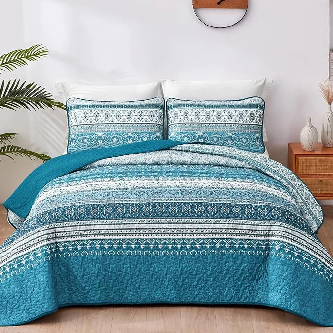 Green WONGS BEDDING Boho Queen Quilt Set Teal and Blue Bohemian Quilt Bedding Set Sophisticated