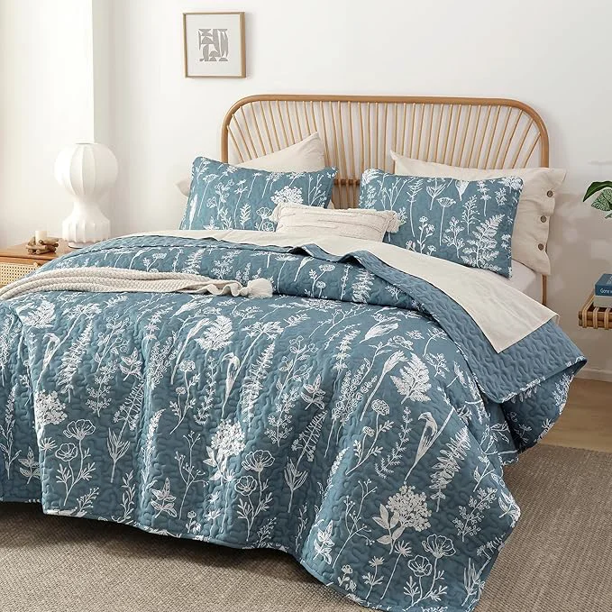 Breathable JANZAA Quilts Queen Size Bed Spread Botanical 3 Pieces Quilts Queen Size Sets Pure